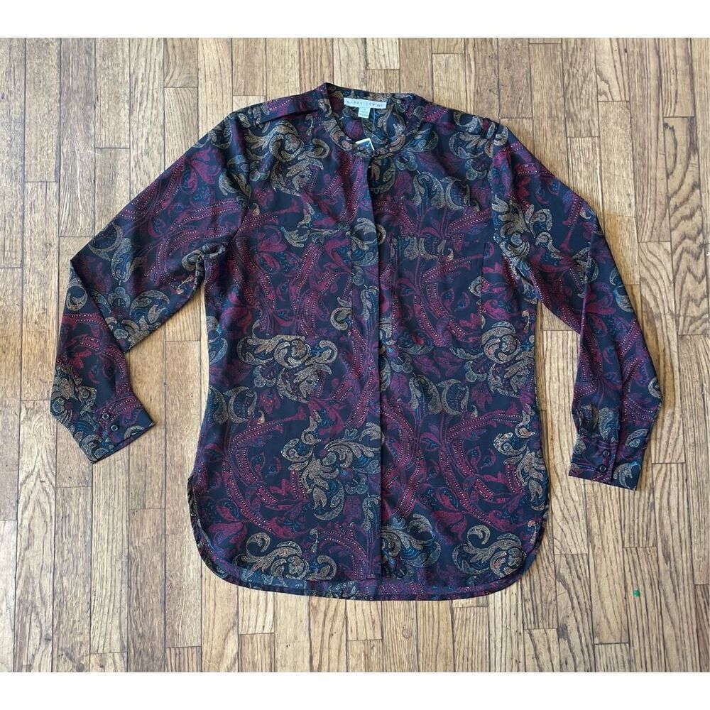 Larry Levine Medium Burgundy Black Paisley Blouse New